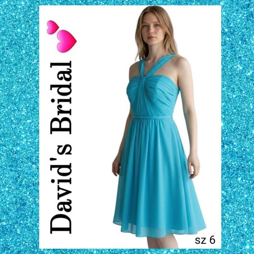 David's Bridal Blue Chiffon Flowy Halter Formal Cocktail Dress